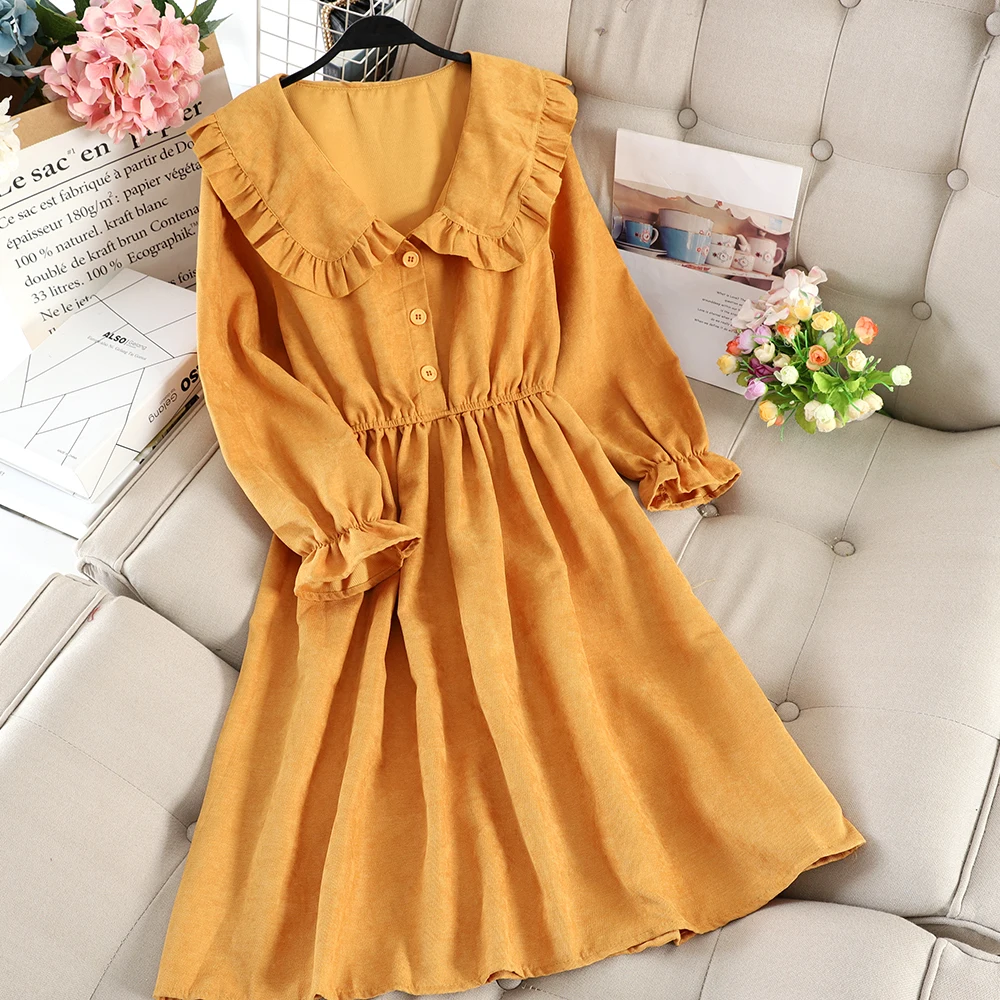 SINGRAIN женское вельветовое платье рубашка с воротником Питер Пэн расклешенные