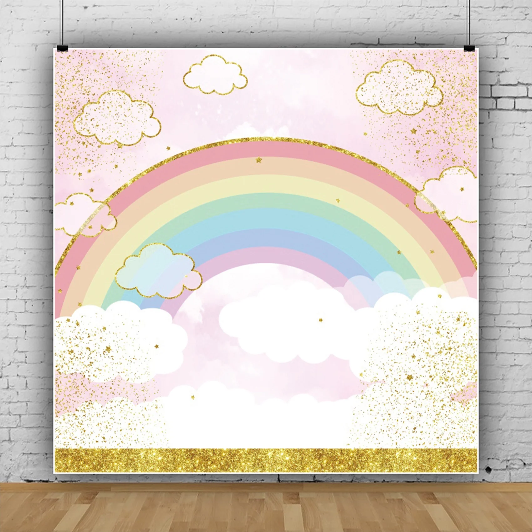 

Laeacco Cartoon Rainbow Clouds Golden Glitter Sequins Baby Birthday Custom Backdrop Photographic Photo Background For Photo Stud