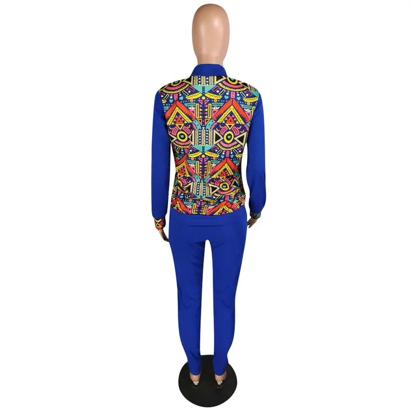 

Geometric Print Front Zipper Pockets Sexy Two Peice Set Women Stand Collar Long Sleeve Coat +Pencil Pants Puls Size Club Outfits