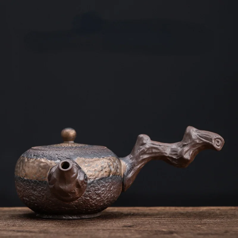 

Dead wood side handle pot new Chinese coarse pottery hand retro ceramic kungfu tea set single pot gilded iron glaze teapot