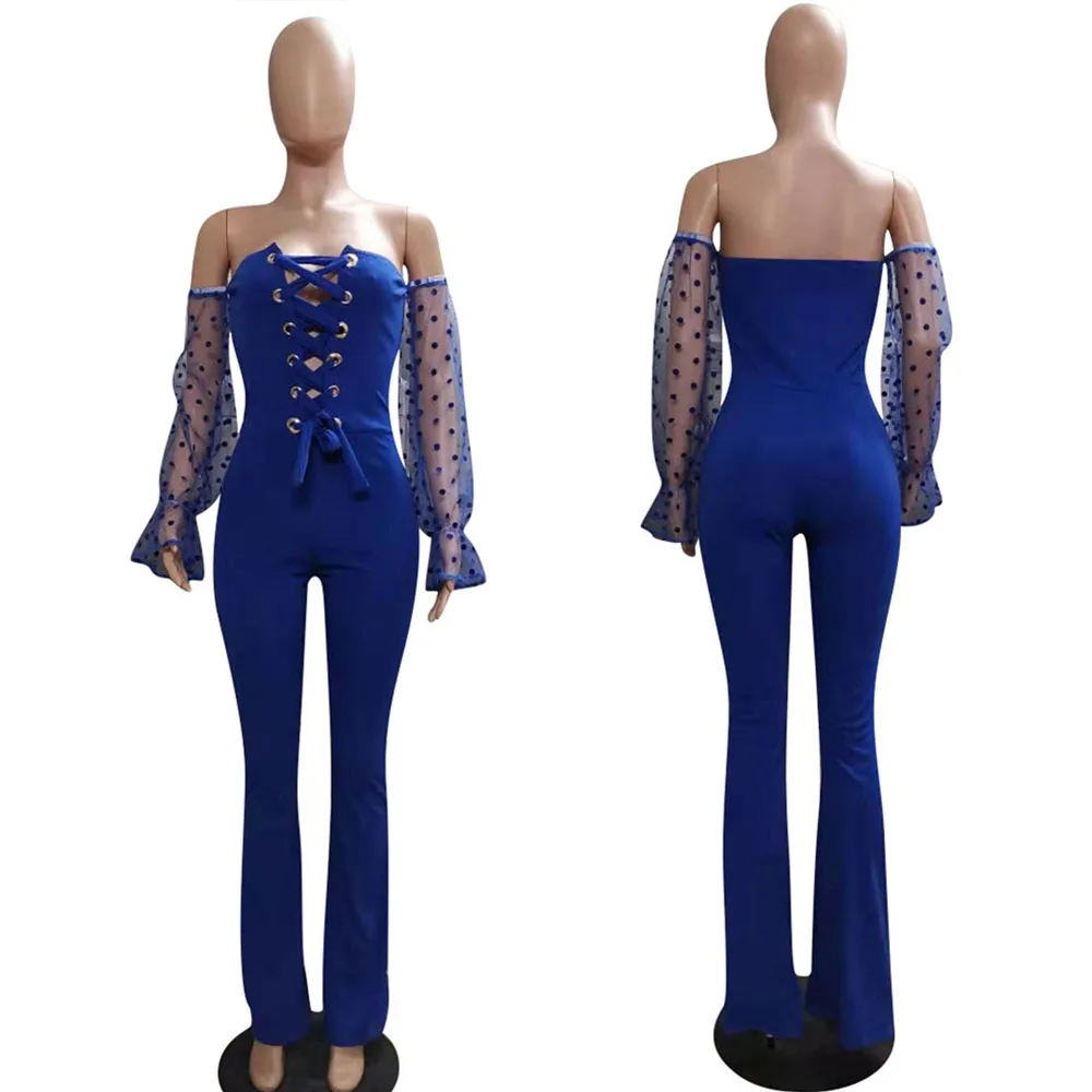 Sexy Lace Up Bandage Jumpsuit Women Spring Slash Neck Off Shoulder Long Sleeve Party Club Rompers Womens Jumpsuit Wide Leg Pants