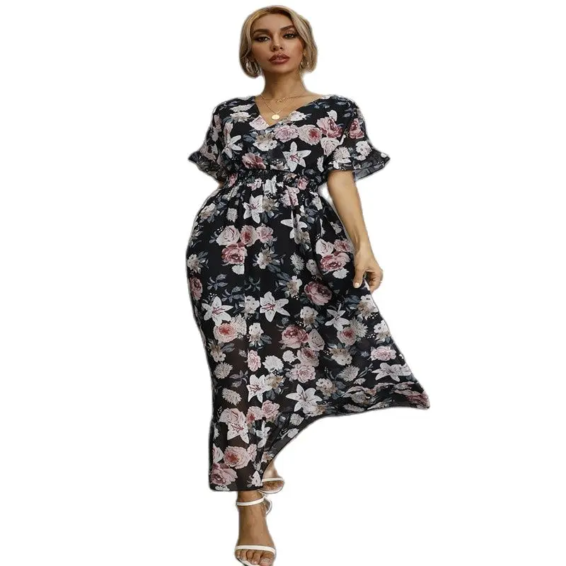 

2022 High Quality Factory Price Autumn New Women's Sexy V-Neck Waist Printing Mid-Length Dress