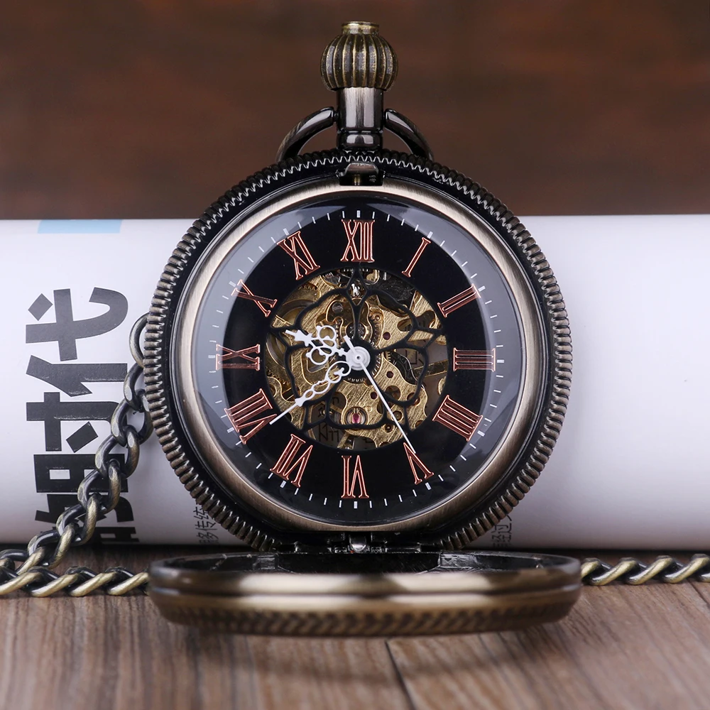New Fashion Unique Self Wind Pocket Watch Bronze Pendant Retro Skeleton Mechanical Pocket Watch Women Men