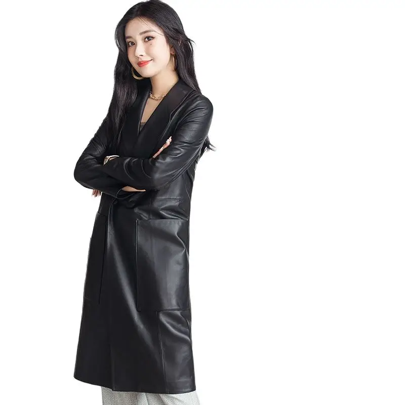 Chaqueta larga informal de piel de oveja auténtica para mujer, traje cortavientos de cuero genuino, de longitud media, con cuello