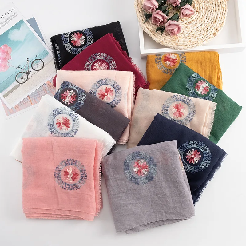 Cotton Embroidery Women Spring Winter Scarf Lady Shawl Air Conditioning Towel Muslin Hijab |