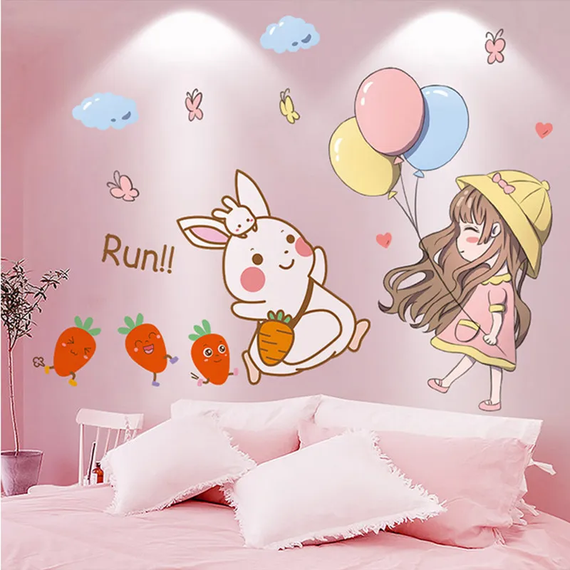 

[shijuekongjian] Rabbits Animals Wall Stickers DIY Balloons Girl Mural Decals for Kids Rooms Children Nursery Home Decoration