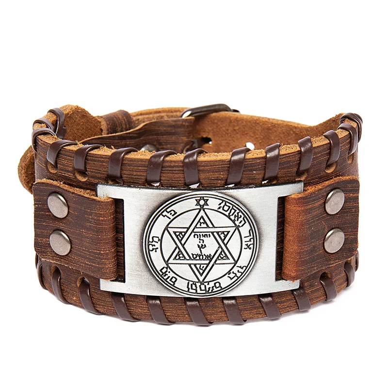 

Trendy Charm Wide Leather Bracelet for Men Punk Hexagon Male Wristband Viking Bracelet Mens Jewelry Party Accessories