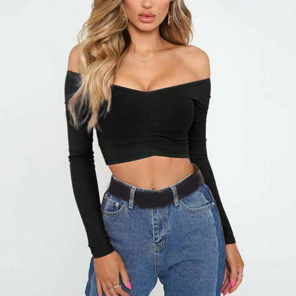 Women Sexy Off Shoulder V Neck Long Sleeve Crop Tops Fashion Lady Casual Plain Basic Solid Cotton Blend Rib Knitted Blouses
