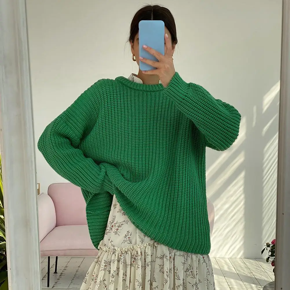 

Autumn Winter Women Knitted Thickening Sweater Female Pullovers Round Neck Daily Loose Top Wear Sleeve Casual Color Long M9X7
