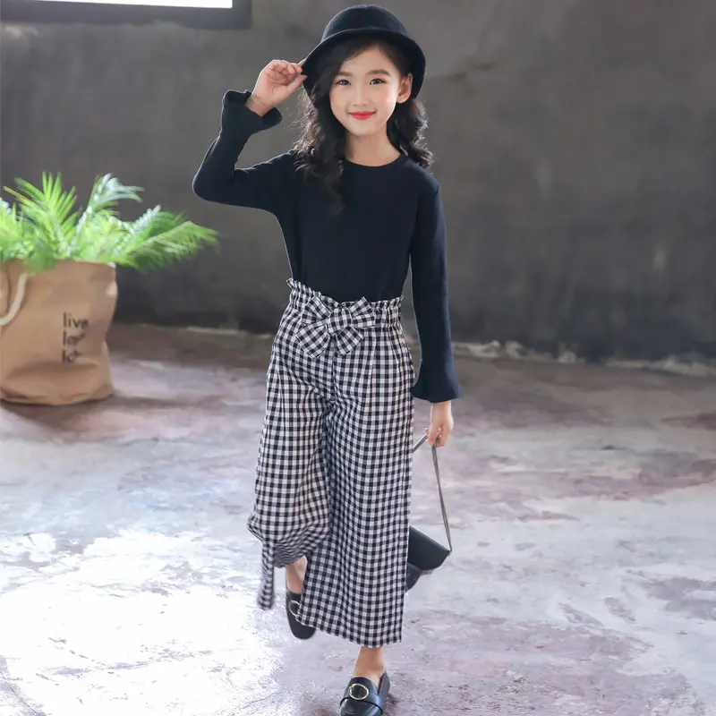 Костюм для девочек подростков 2021 детская Однотонная рубашка с расклешенными