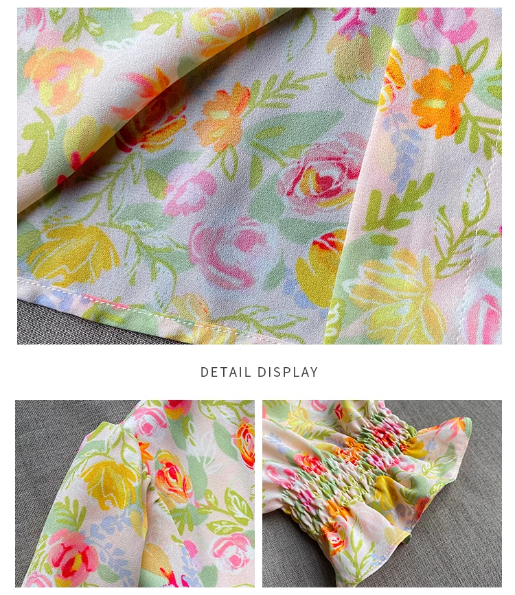 

V-neck French Style Vintage Floral Dress for Women Summer Tight Waist Slimming Puff Sleeve Temperament Long Dress