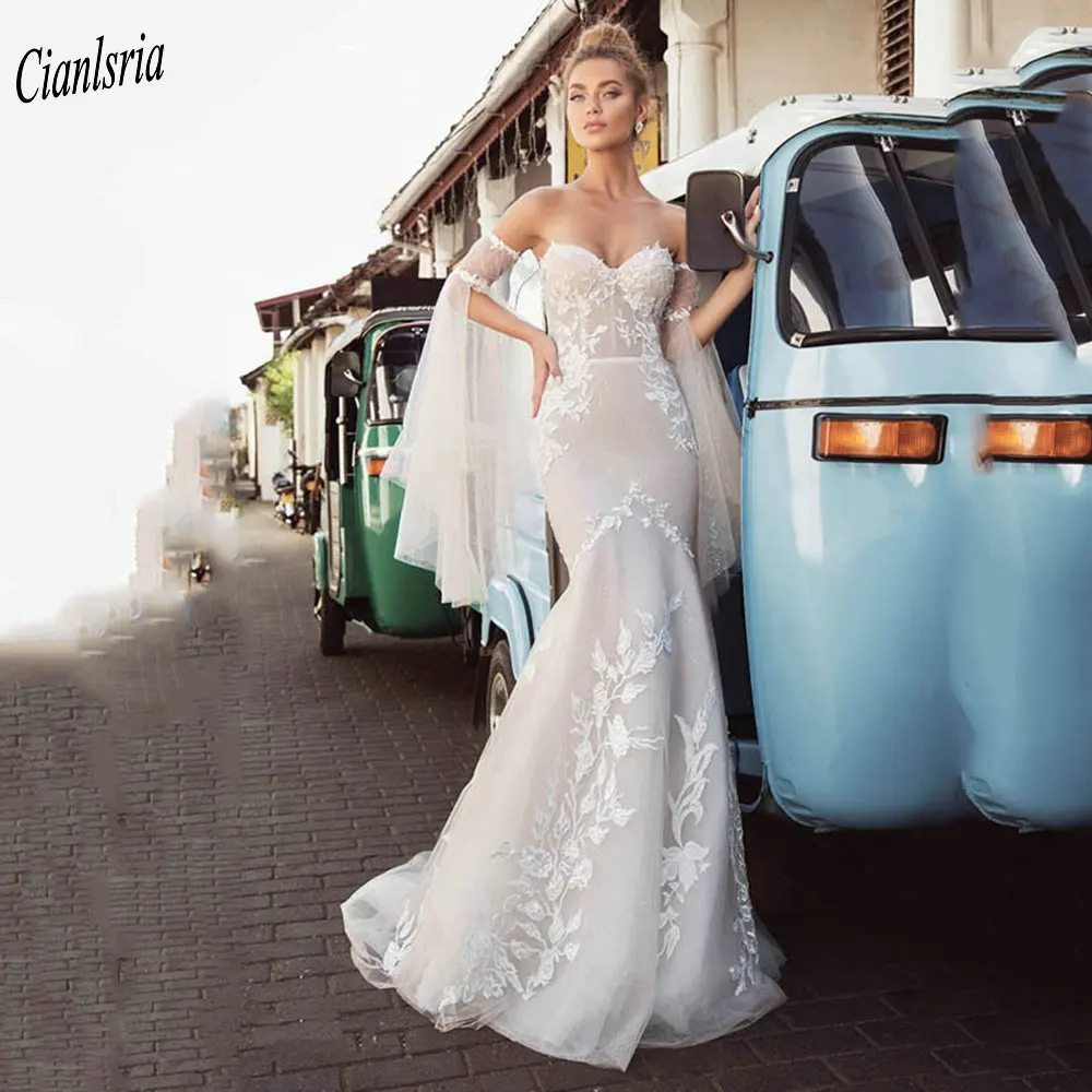 

Очаровательная Милая Съемная с длинным рукавом Русалка свадебное платье с цветочным узором с аппликацией кружевные с открытой спиной Свад...