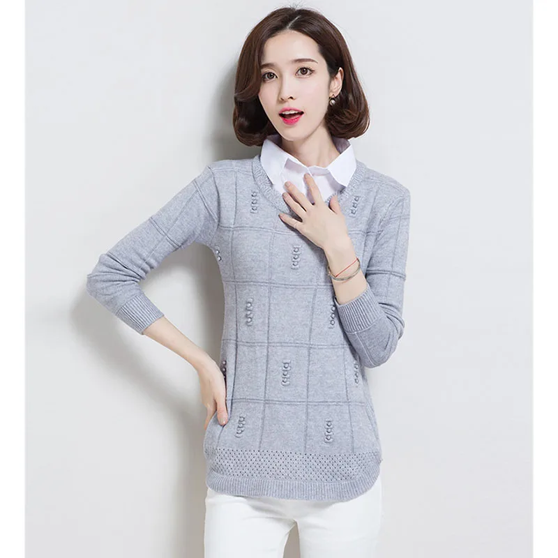 Autumn Winter Knitted Sweater Women Fashion Shirt Collar Fake Two Pieces Medium Length Pullovers Female Tops W1844 | Женская одежда
