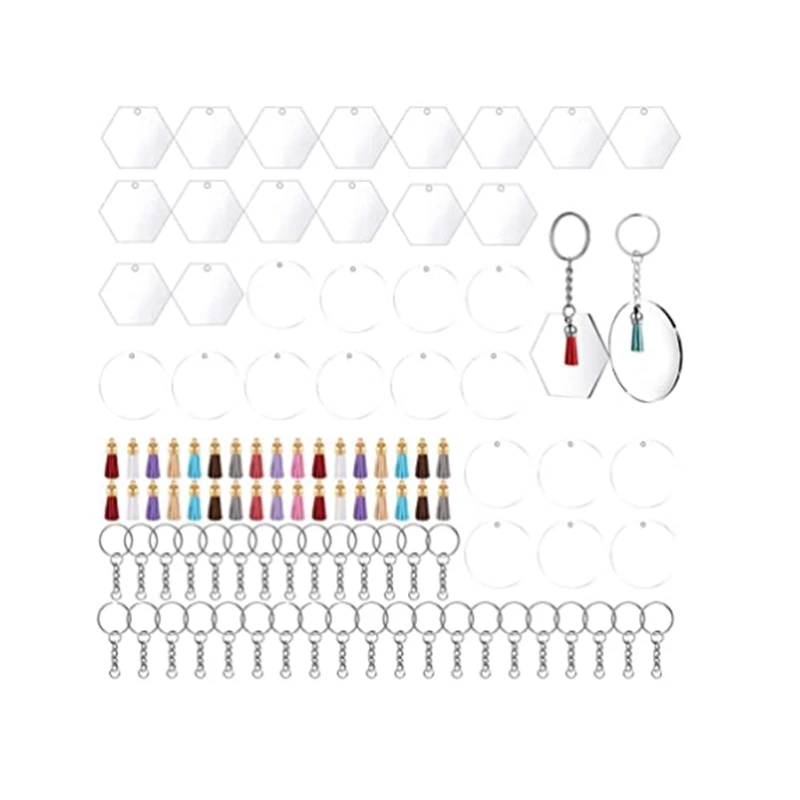 

136PCS Acrylic Clear Circle Discs Set Key Chains Keychain Blanks with Tassels Pendant for DIY Projects and Crafts