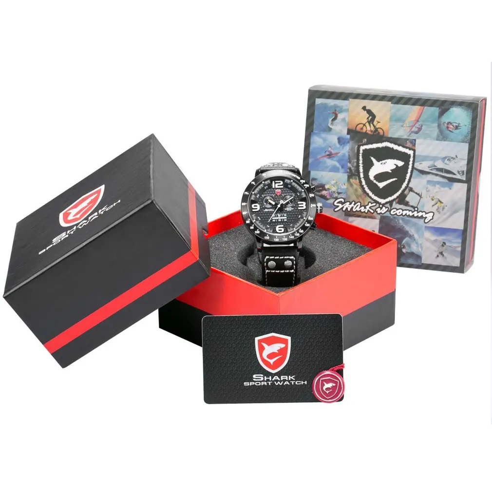 Longfin SHARK Sport Watch Mens Brand Watches Steel Chronograph Genuine Leather Strap Quartz Clock /SH400-403