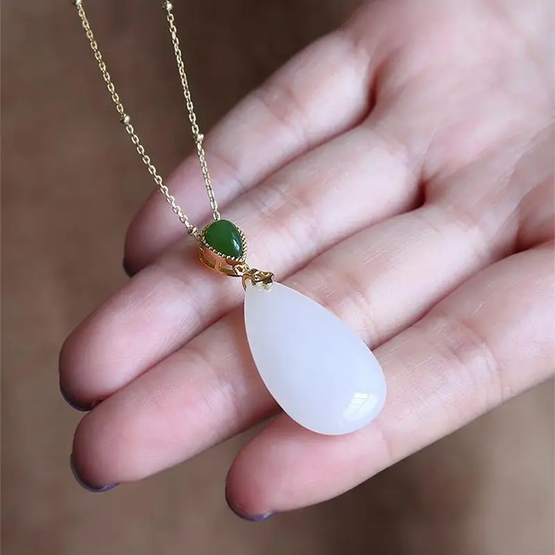 

Natural Hotian Jade Pendant Women's Suet Grade White Jade Drop-Shaped Jade Jade Pendant Jasper Ruyi Necklace to Give Mom