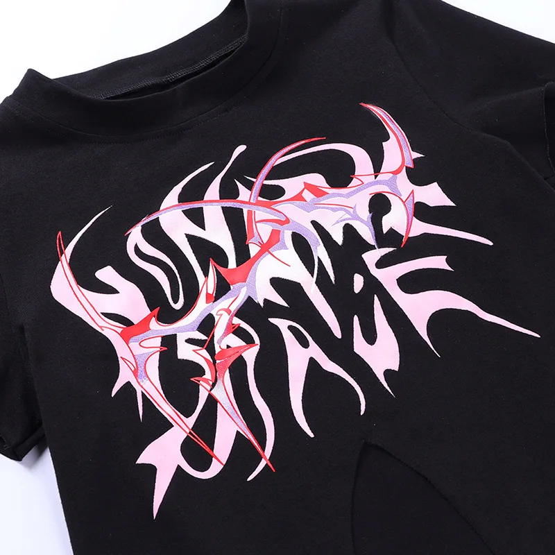 

Y2K Women Gothic Print T-Shirt Harajuku Streetwear Black Asymmetric Tank TopsShort Sleeve Crop Top Fashion Tess For Club