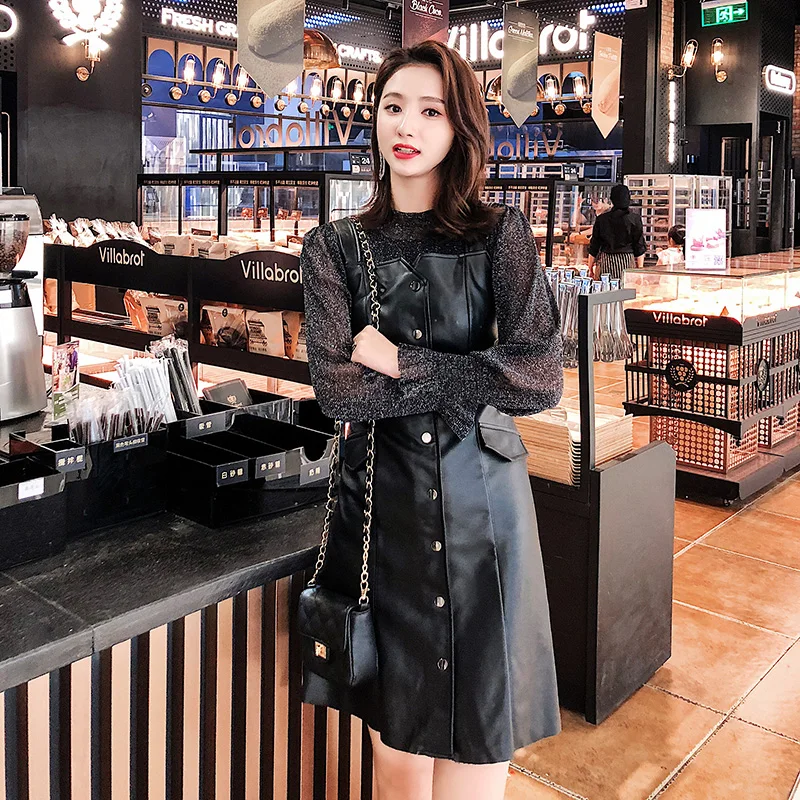 Женское платье с рукавами-фонариками черное 9950 из искусственной кожи 2019 | Женская