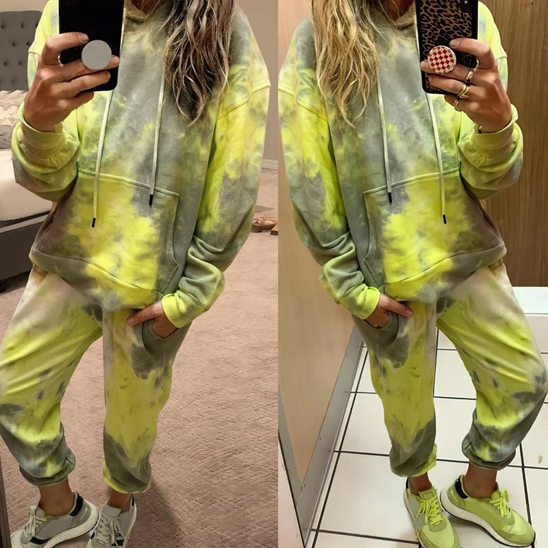 

Повседневный Спортивный костюм Tie-Dye для женщин, комплект из 2 предметов, Женский свитшот с капюшоном и штаны, спортивный костюм, толстовки, о...