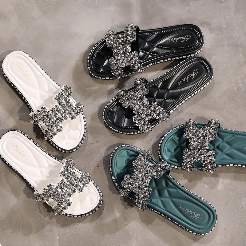 

Big Size 43 Leather Rhinestone Sandals Summer Shoes For Women Flat H Slippers Shiny Slides Woman Sandales Women's Sandals 2021