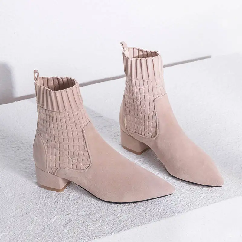 pointed toe pink Женские ботинки; ботильоны из флока с острым носком; зимние ботинки на квадратном каблуке; женские Ботинки martin без застежки; модель года; Цвет черный, розовый - Цвет: pointed toe pink