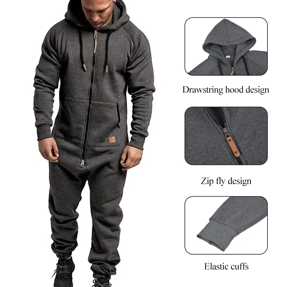 

2020 One-piece Garment Pajama Men Solid Splicing Jumpsuit Playsuit Zipper Hoodie Male Patchwork Jumpsuits Overalls Hombre