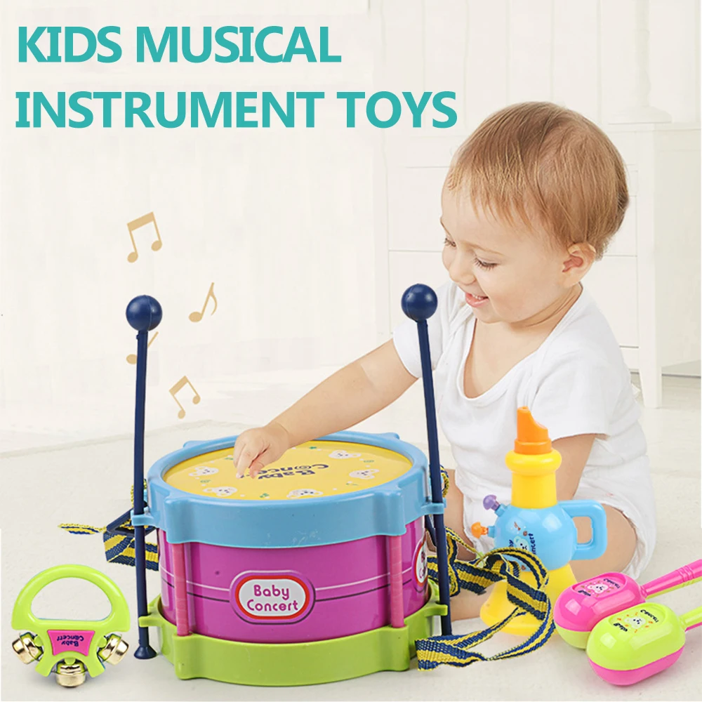 

Kids Musical Instrument Toys Drum Set Includes Drum Drumsticks Bell Sand Hammer Trumpet for Boys Girls Aged 3+