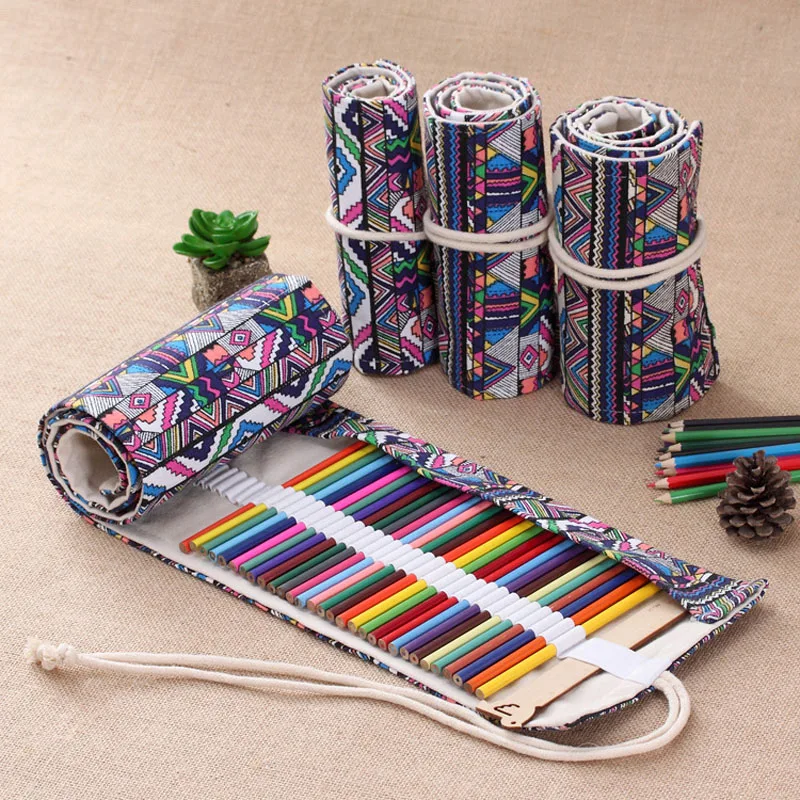 New 36/48/72 /108 Holes Pencil Bag Canvas Wrap Roll Up Pencil Case Student Stationery Supplies Pen Storage Bag Gift