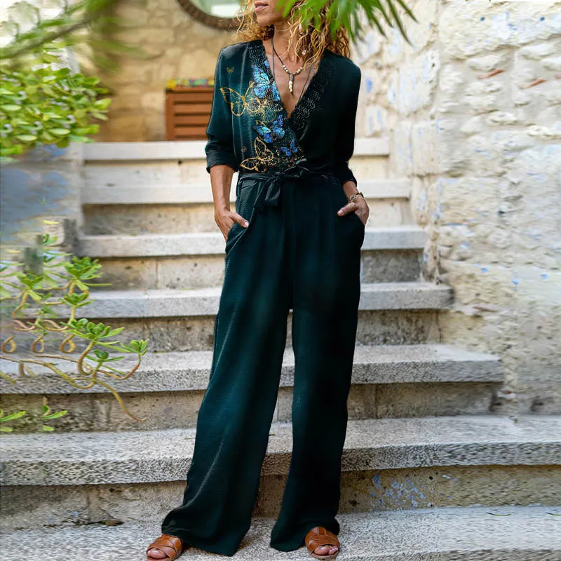 

Женский комбинезон в стиле пэчворк, винтажный комбинезон с V-образным вырезом, длинным рукавом и карманами, на шнуровке, с принтом бабочки, о...