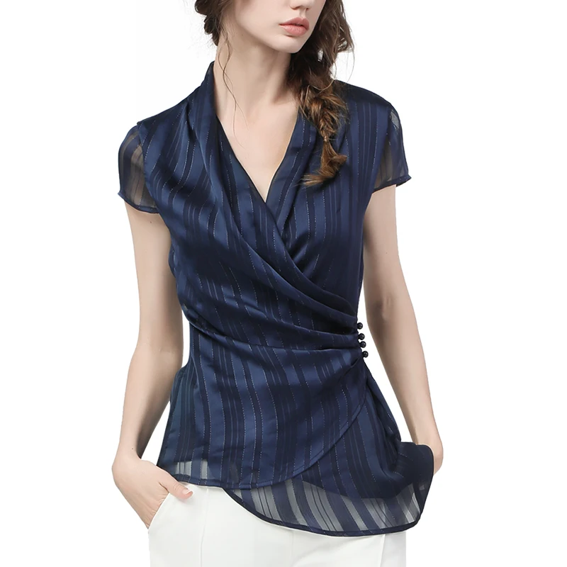 Шифоновая Блузка в синюю полоску с коротким рукавом и пуговицами