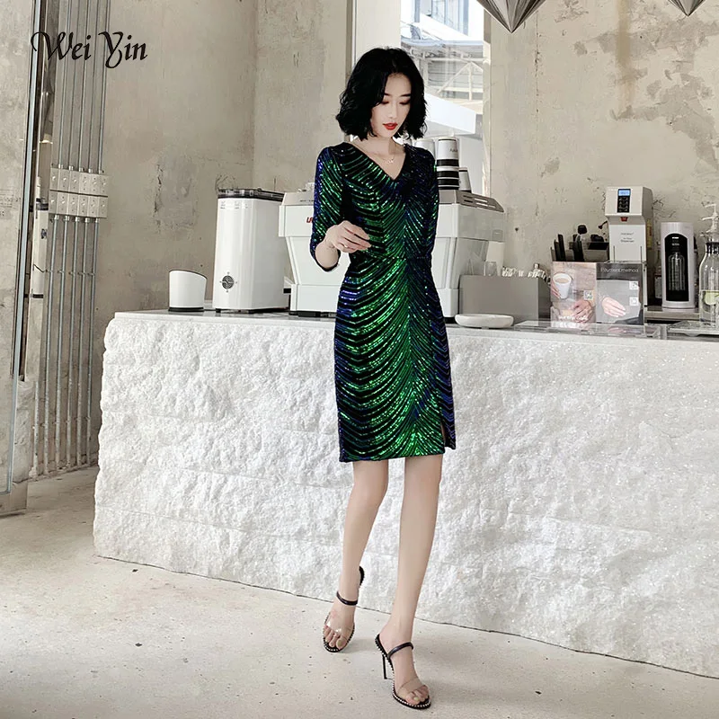 

Короткие блестящие Выпускные платья wei yin AE0329 с коротким рукавом 2020 сексуальное мини-платье на молнии сзади с V-образным вырезом для выпусквечерние вечера