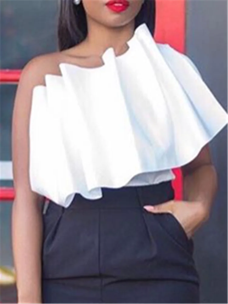 Женские укороченные топы с одним плечом лоскутные белые оборки открытая спина на