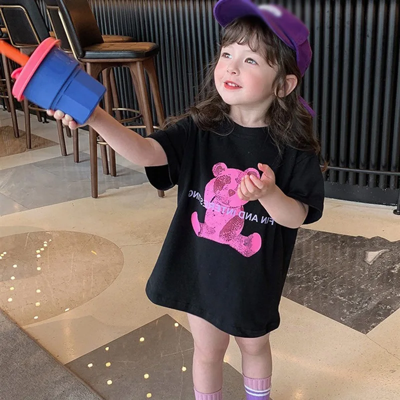 

Summer Girls Cute Bear Print Dress Cartoon Cotton Casual Short Sleeve Sundress Children 3-8years