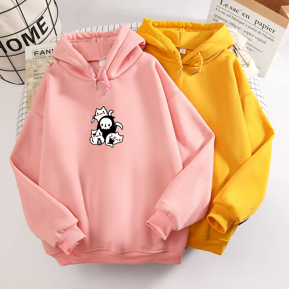 Cartoon Skull Print Sweatshirt Cat Winter Oversized Hoodie Purple Women Gothic Aesthetic Clothing Harajuku Sweetshirt for Girls