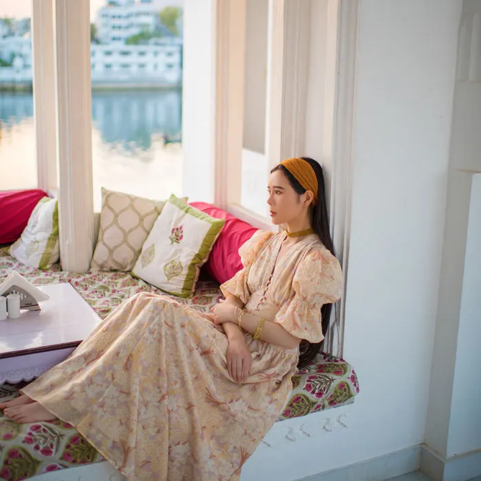 2020 Spring Autumn Women Vintage Floral Blue/Yellow Long Ladies Victorian Retro Court V-Neck Formal Casual Maxi Dress Robe | Женская