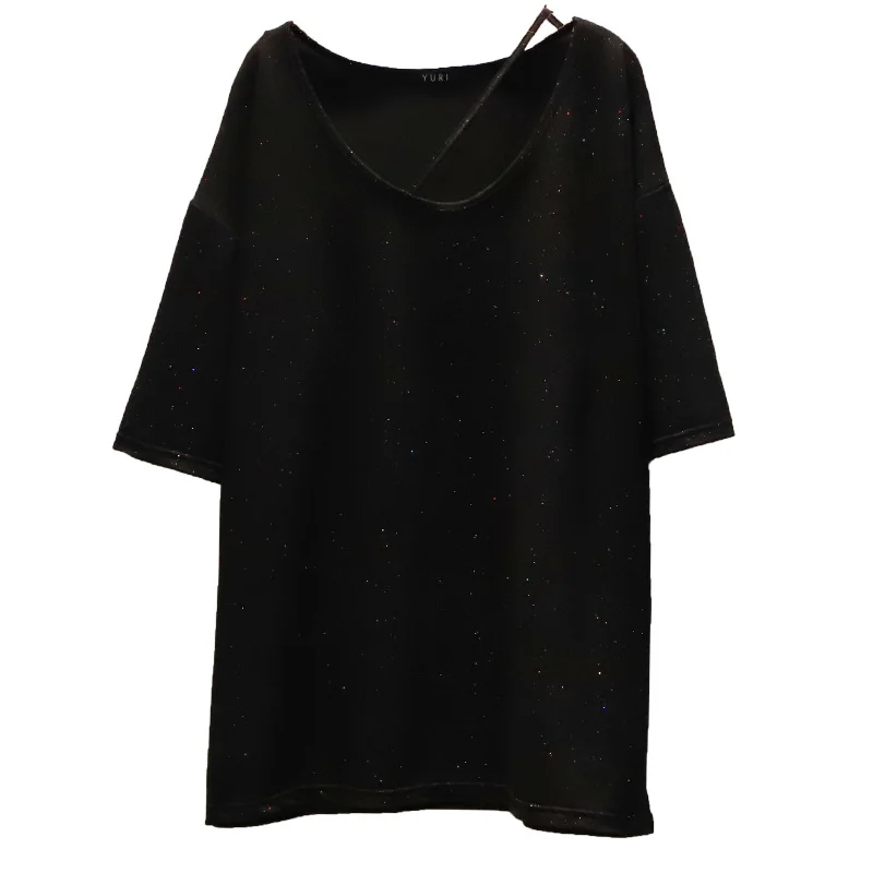 

IEQJ Women Black Casual Shiny Short-sleeved Top All-match Short-sleeve T-shirt New O-neck Fashion Tide Spring Autumn 2021 3F1536