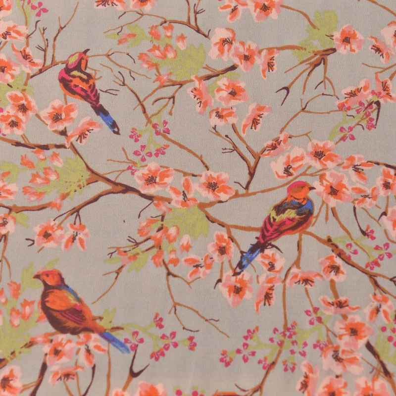 

Качественное шифоновое платье в стиле пэчворк с цветами и птицами ветками и листьями, летнее платье, брюки, одежда, ткань