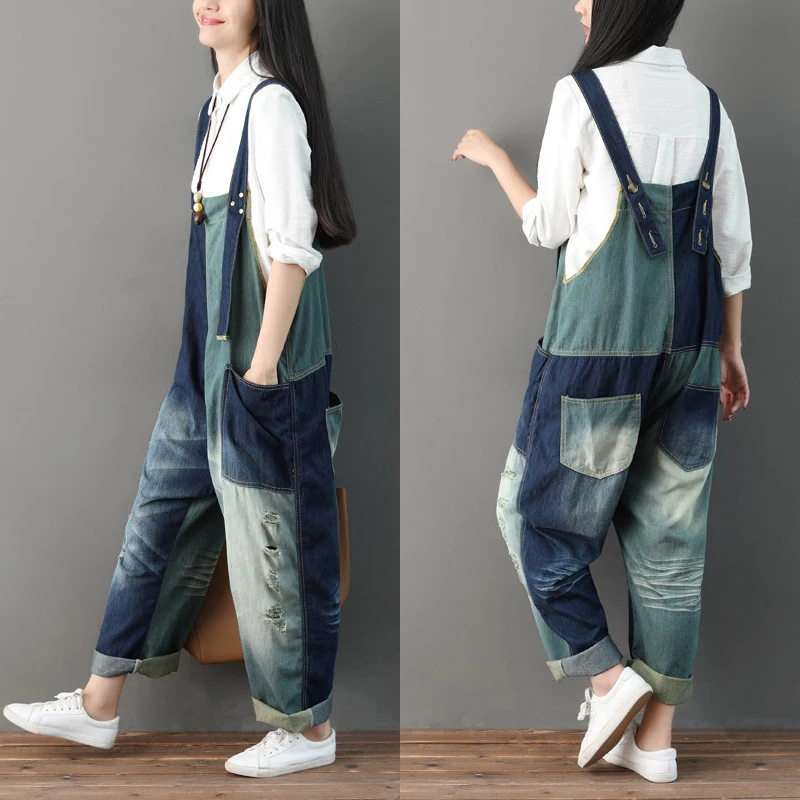 Women Dungarees Jumpsuit Patchwork Ripped Jeans Denim Romper Vintage Suspender Overalls Summer Harem Pants Block Color Jump Suit | Женская