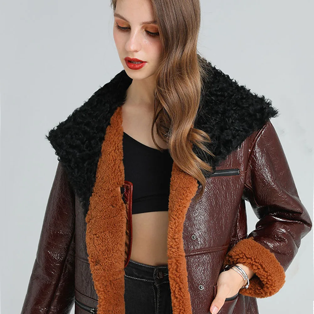 Red Extra Long Real Sheepskin Shearling Fur Coat Women Fashion Winter Thicken Warm Natural Fur Clothing