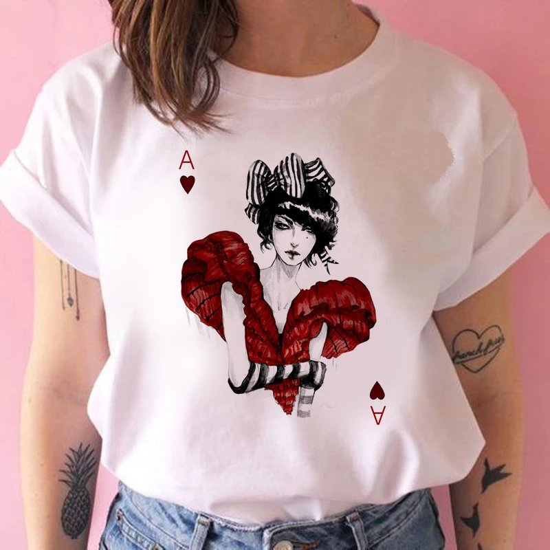 

90S Woman summer Poker T-shirt Short Sleeve Graphic Tees Women women Fashion Soft Casual White T shirts Tops