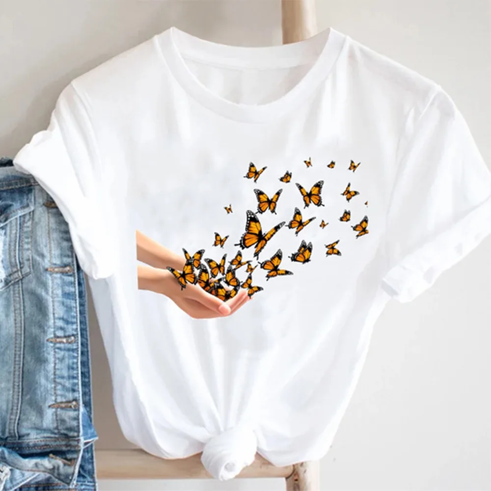 

Women Lady Flower Butterfly Cartoon Printing 90s Fashion Print Shirt Clothes T Tee Womens Shirt for Female Top Graphic T-shirt