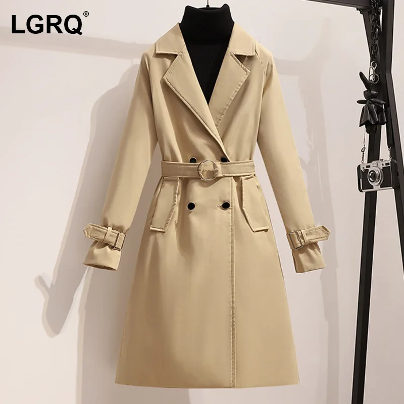 

[LGRQ] 2021 Female Belt Vintage Lapel British Style Casual Fashion Temperament Long-sleeved Trench Coat Autumn Winter 19D4357