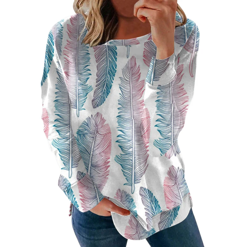 

Свитшот женский с длинным рукавом, модный топ с круглым вырезом, пальто с художественным принтом, Повседневный пуловер с перьями, уличная од...