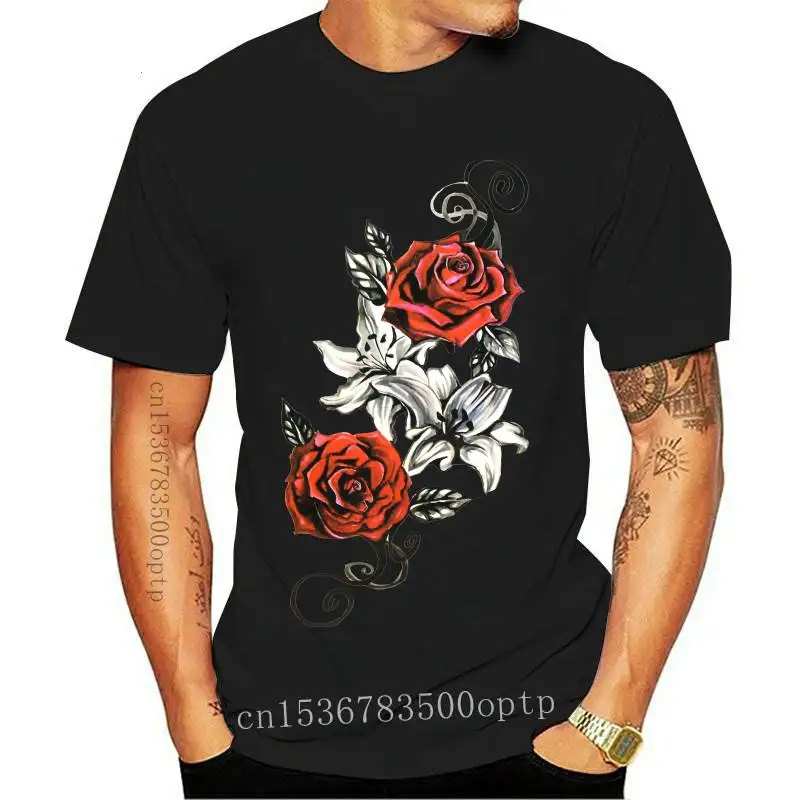 

New 2021 2021 Coming Men's 100% Cotton Soft Casual T Shirt Classic Hawaiian Hibiscus Flower And Rose Tattoo 3D Print Tee Shirts