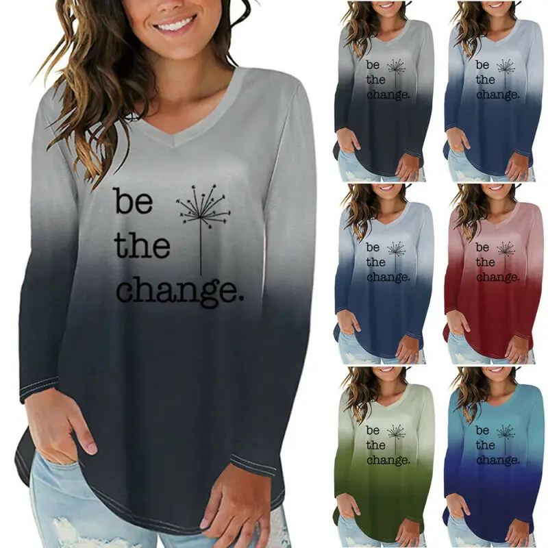 

Women Letters Gradient V-Neck Long Sleeve T-Shirt Tops Blouse Tunic Casual Tee