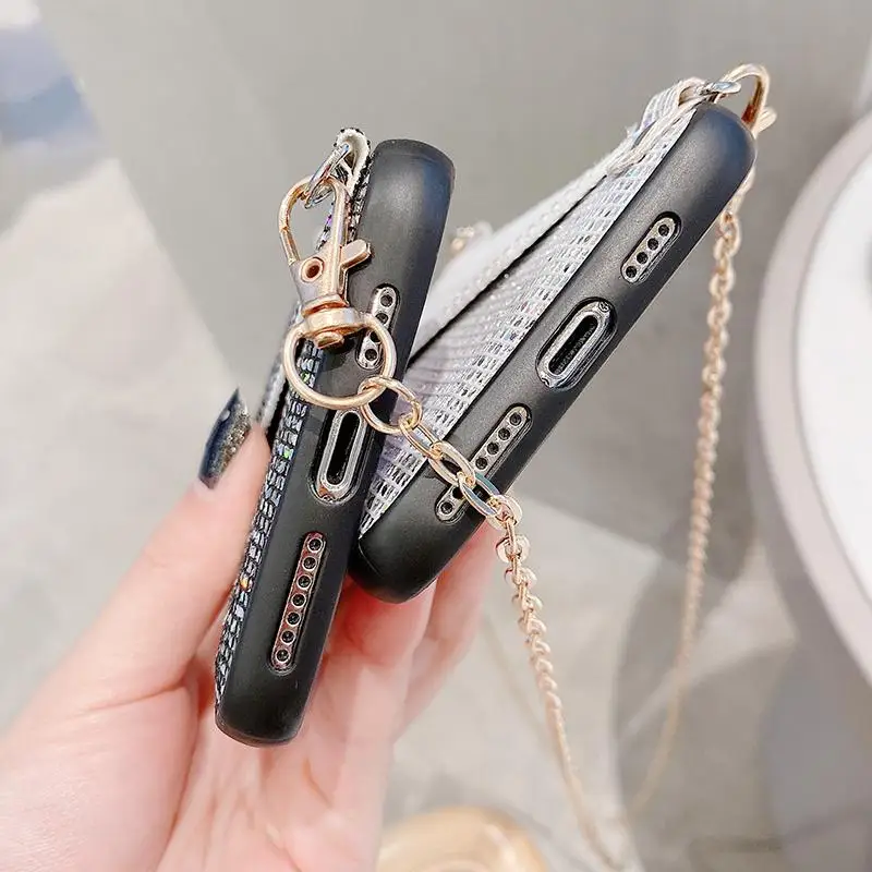 

Glitter Luxury Diamond Wallet Card Phone Case For iPhone 12 11Pro Max XR XS Max X 6S 7 8 Plus Shining Crossbody Cover With Chain