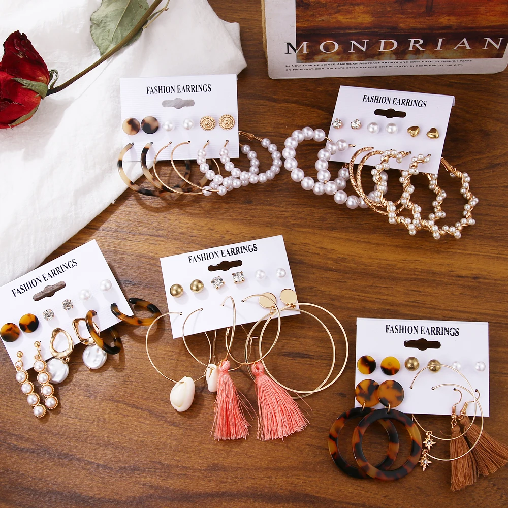 

Vintage Pearl Twist Big Circle Earrings Set for Women Fashion Geometric Imitation Pearl Crystal Earrings Jewelry