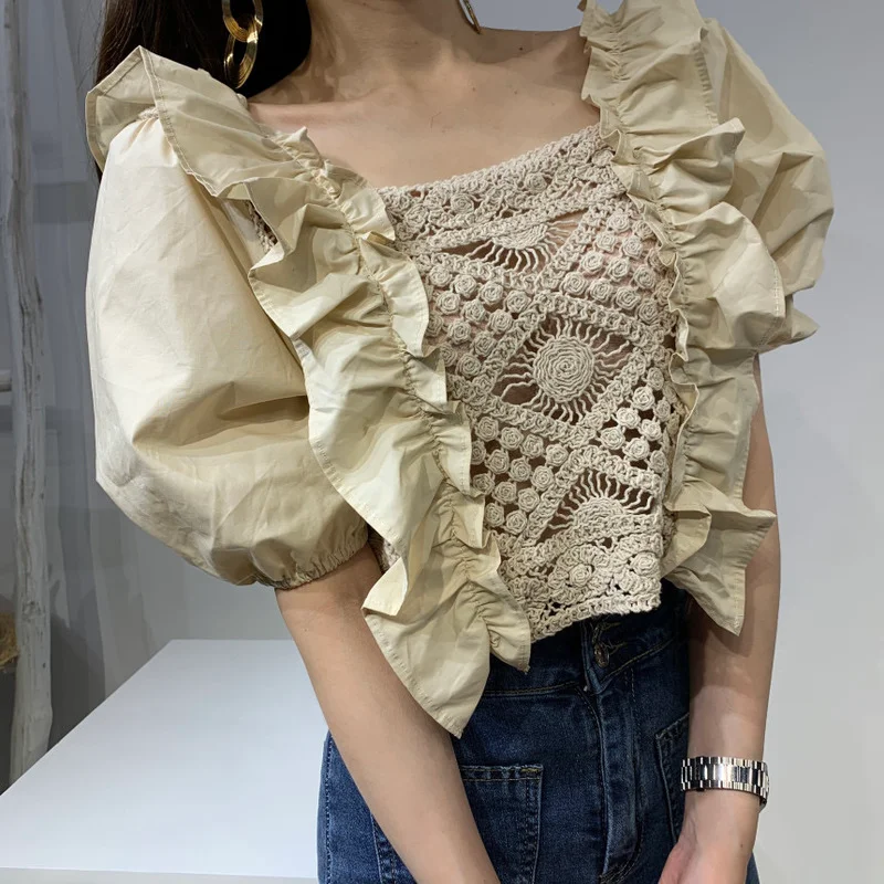 

TVOVVIN Ruffles Solid Blouses Women Tops Solid Hollow Out Short Puff Sleeve Summer Blusas Korean Chic Retro Ropa Mujer Lace U68M