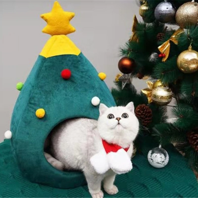 

Cute Pet Cat House Dog Bed Puppy Cave Kennel Warm Sleep Bag Christmas Tree Shape Basket Winter Warm Portable Pets Bed Cage 2021