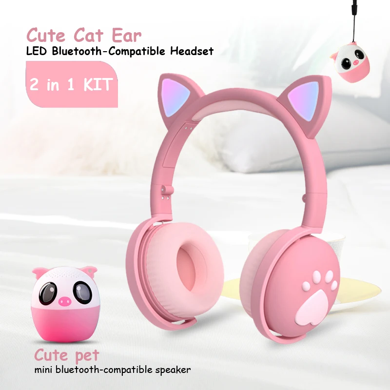 

Беспроводная гарнитура с кошачьими ушками, Bluetooth-совместимые наушники 5,0 с микрофоном и мини-динамиком с животными, Bluetooth-совместимый динами...